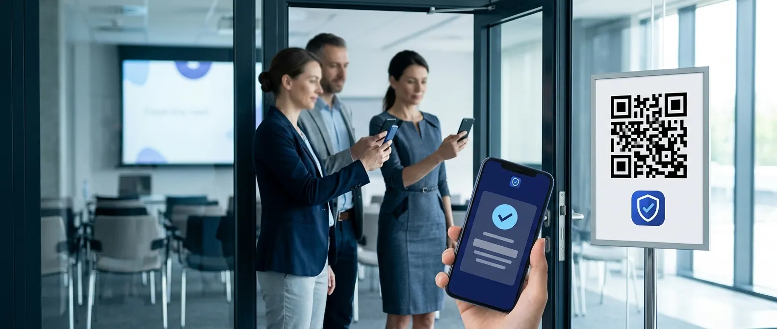 עובדים סורקים קוד QR בכניסה לחדר הדרכה ונרשמים מהנייד