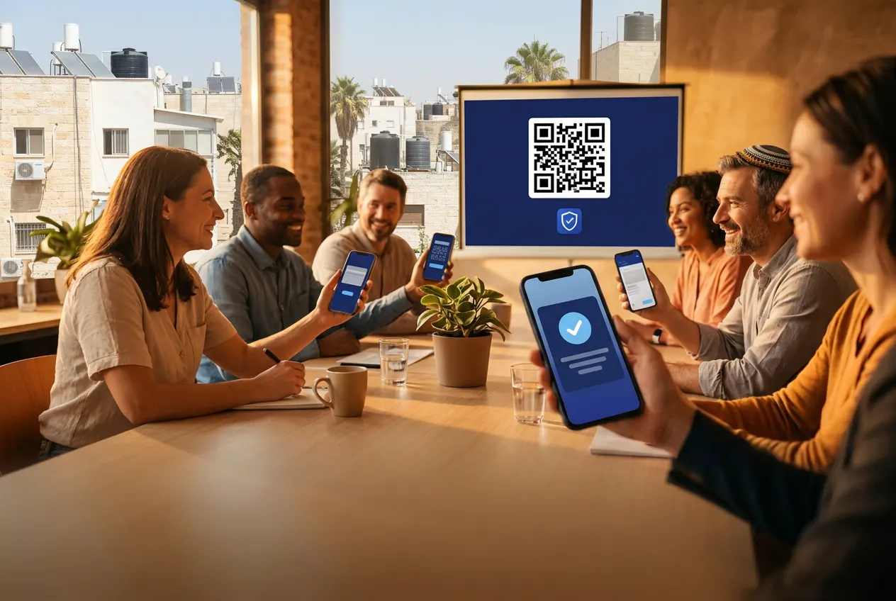משתתפי הדרכה סורקים קוד QR מהמסך ונרשמים מהנייד